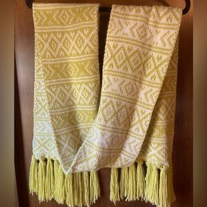 Yellow and White Patterned Knit Scarf with Fringe
